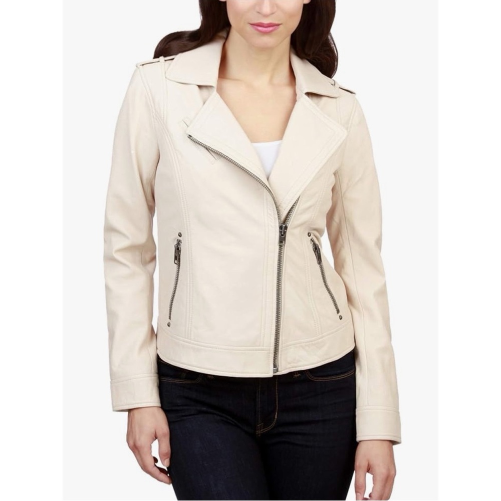 NWT Levi’s Cream Zip Up Faux Leather Moto Jacket Womens M NEW